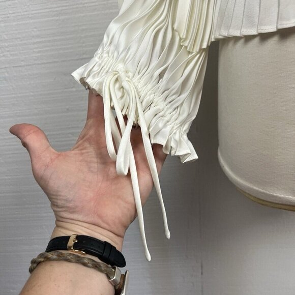 3.1 Phillip Lim Blouse L Womens Ivory Pleated Navy Stripe Tie Ruffle Classic - Picture 8 of 11